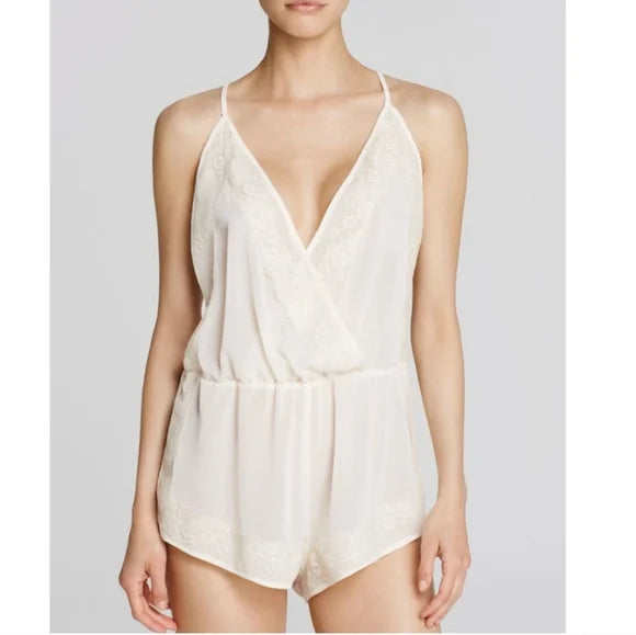 Flora Nikrooz Elle Romper in Ivory with Littest Pink Lace Trim